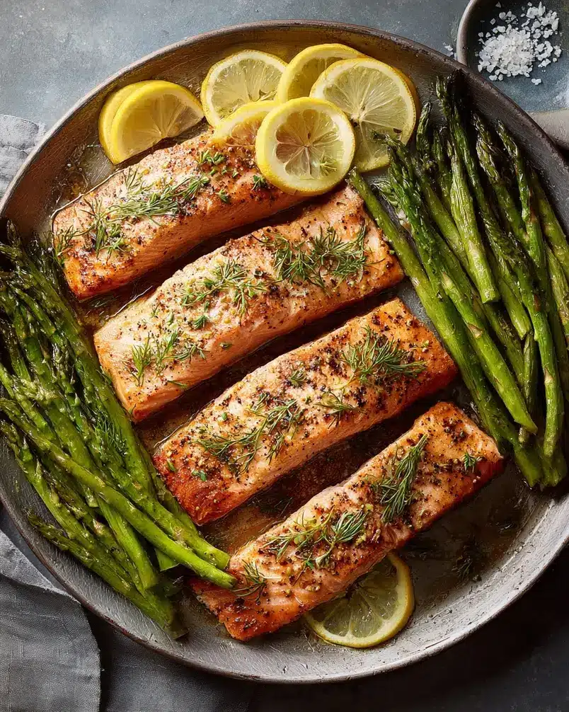 Easy 5-Ingredient Salmon 3 Salmon fillets sizzling in a pan with garlic and lemon slices