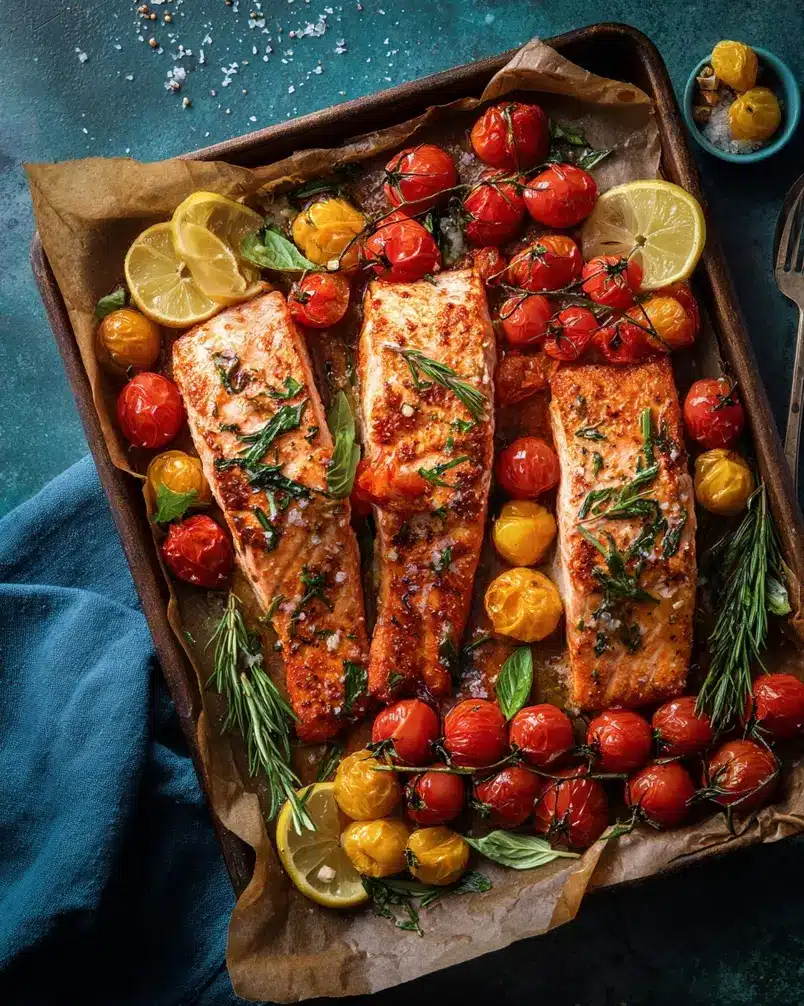 Tomato Basil Salmon 3 Sizzling salmon fillets cooking in a pan with tomatoes and herbs.