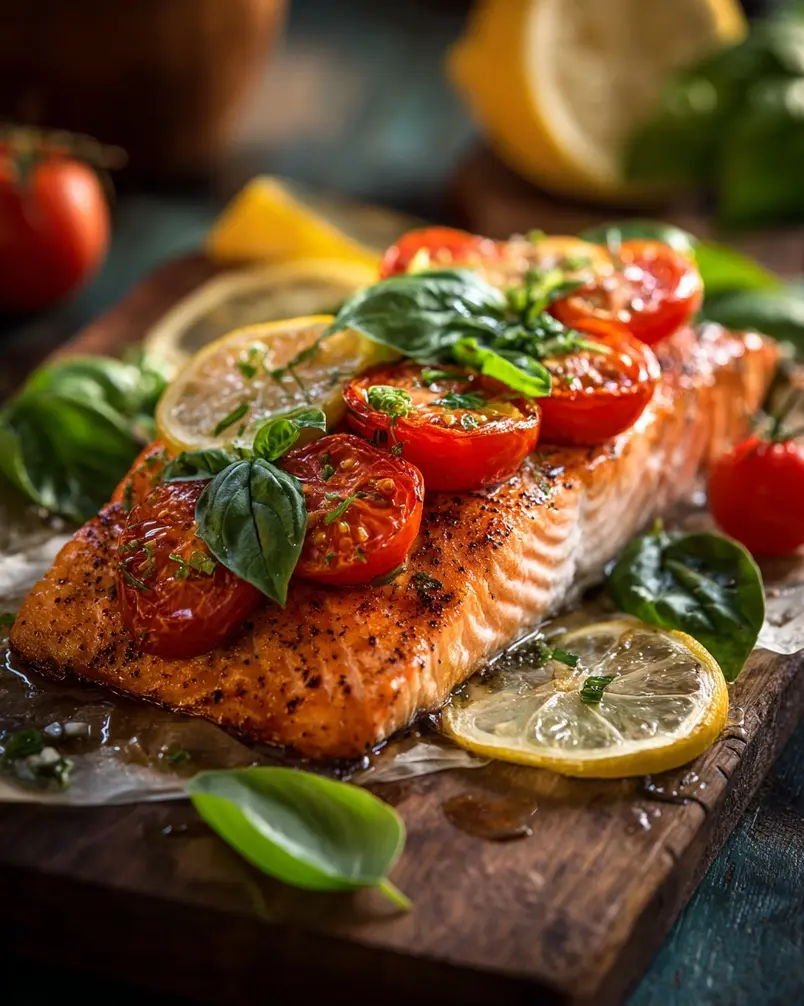 Tomato Basil Salmon 2 Fresh ingredients for Tomato Basil Salmon being prepped, including salmon fillets, ripe tomatoes, and basil leaves.