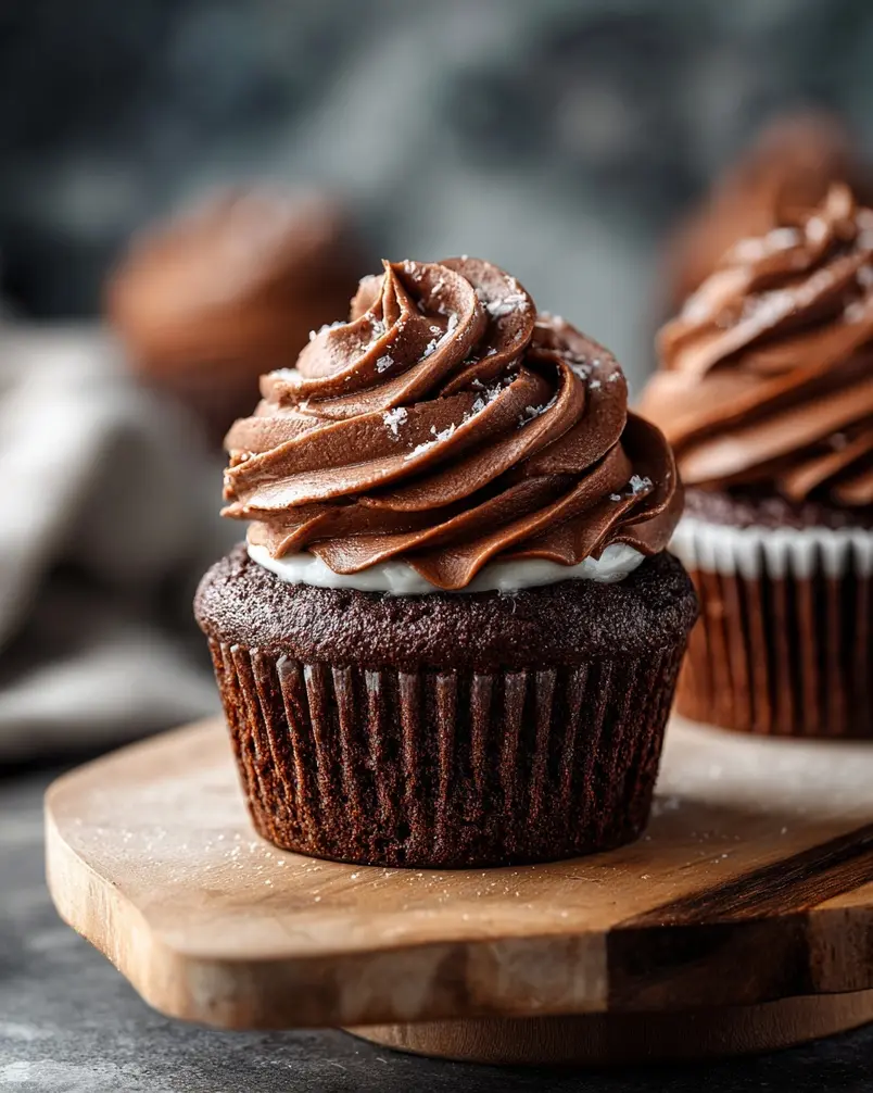 Whipped Cream-Filled Chocolate Cupcakes With Chocolate Ganache Frosting 2 Close-up of decadent chocolate cupcakes with a dollop of whipped cream and ganache frosting, showcasing a tempting cross-section.