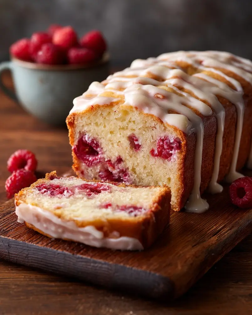 Glazed White Chocolate Raspberry Loaf 2 Close-up of ingredients for Glazed White Chocolate Raspberry Loaf including raspberries, white chocolate chips, flour, butter, and eggs, artfully arranged.