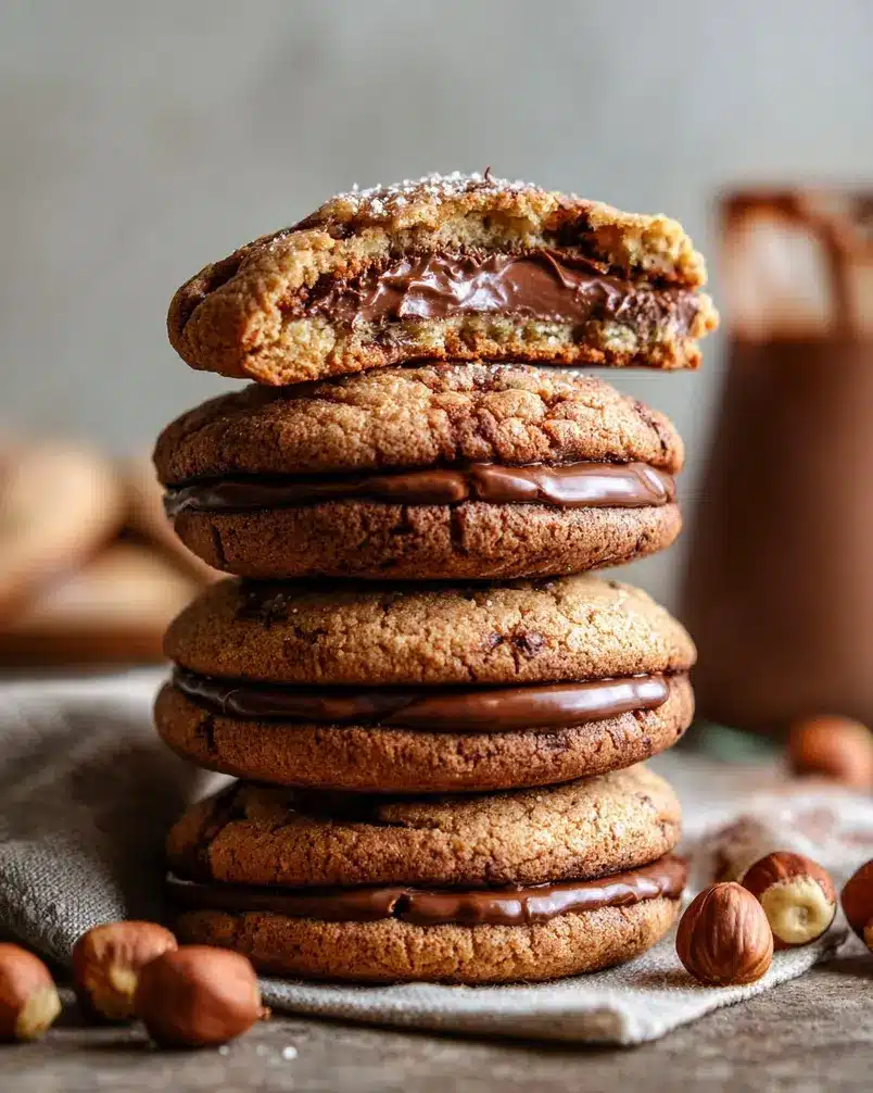 Nutella Stuffed Cookies 3 A baking sheet filled with perfectly baked Nutella stuffed cookies, golden brown around the edges and slightly cracked on top, with some oozing Nutella from the center.