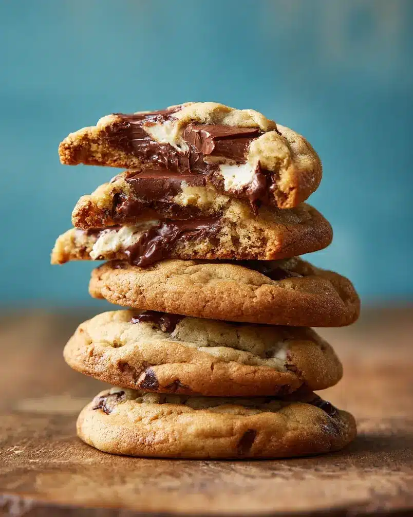Nutella Stuffed Cookies 2 Close-up of raw cookie dough balls, some with visible dollops of Nutella on top, set against a clean kitchen counter with baking ingredients scattered around.