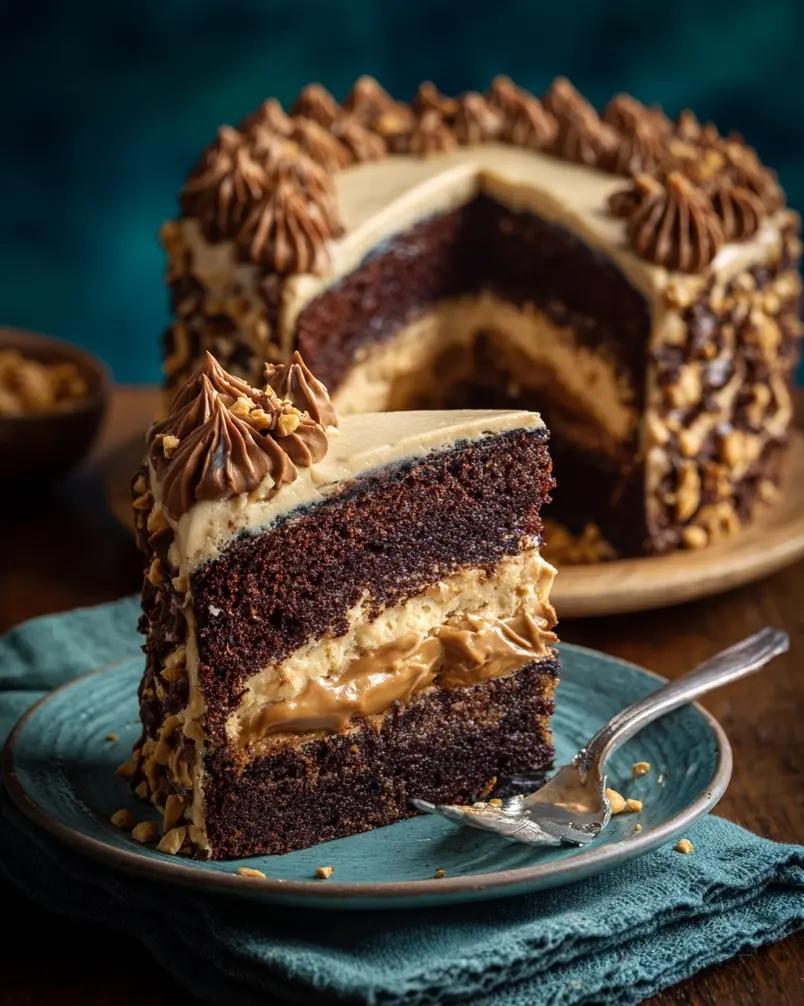 Chocolate Peanut Butter Cake for a crowd 3 Close-up of rich chocolate cake batter being poured into baking pans