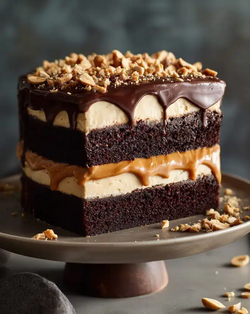 Chocolate Peanut Butter Cake for a crowd 2 Layers of moist chocolate cake with peanut butter frosting being assembled