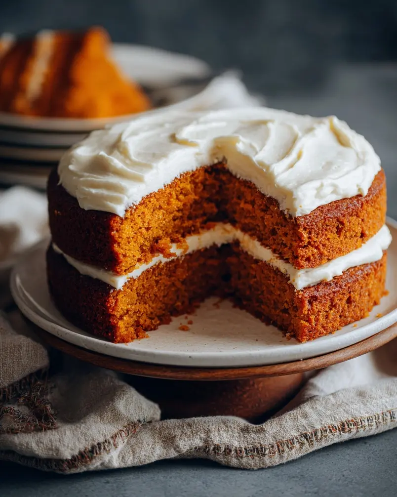 Pumpkin Cake with Cream Cheese Frosting 2 Pumpkin cake batter being poured into a baking pan, showcasing rich texture and warm spices.