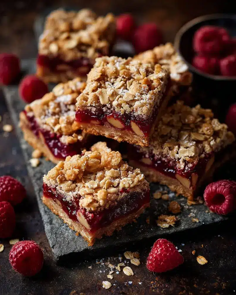 Raspberry Jam Oat Bars 2 Close-up of raspberry jam oat bars being prepared, showing dough and jam layers.