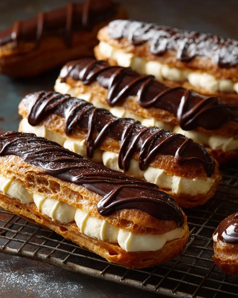 Éclairs 3 Close-up of pastry cream being cooked in a saucepan, whisking constantly.
