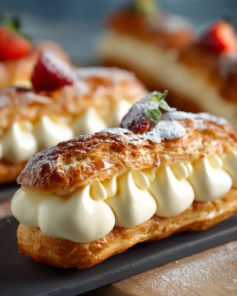 Éclairs 2 Close-up of choux pastry dough being piped into éclair shapes on a baking sheet.