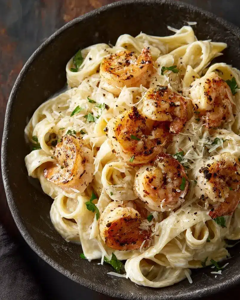 Peppered Shrimp Alfredo 3 Sauce simmering in a pan for Peppered Shrimp Alfredo