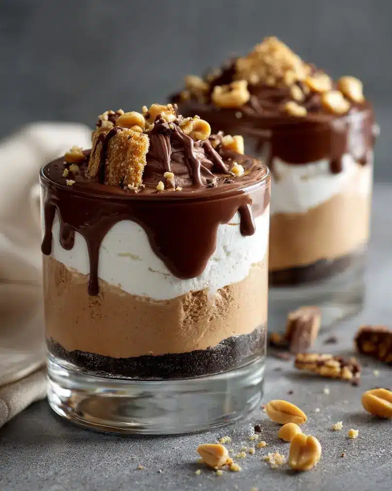 My Chocolate-Peanut Butter Delight Is No-Bake and So Much Easier Than It Looks 2 Close-up of no-bake chocolate peanut butter bars being assembled layer by layer.