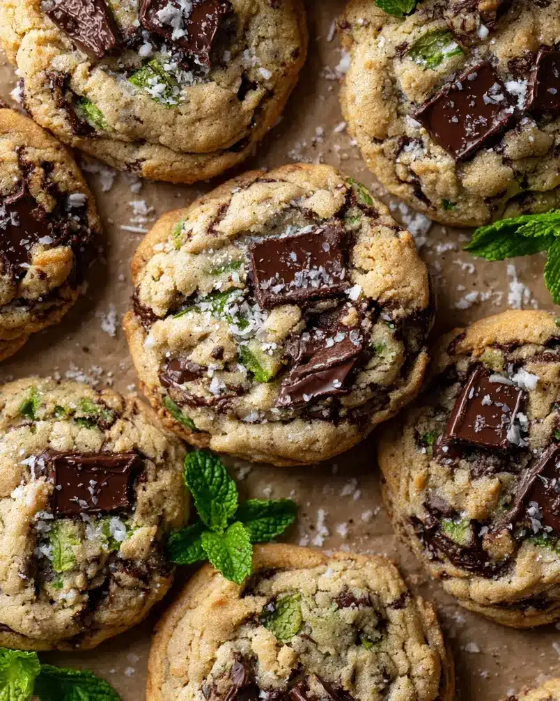 Mint Chocolate Chip Cookies 3 Mint chocolate chip cookie dough balls being placed on a baking sheet