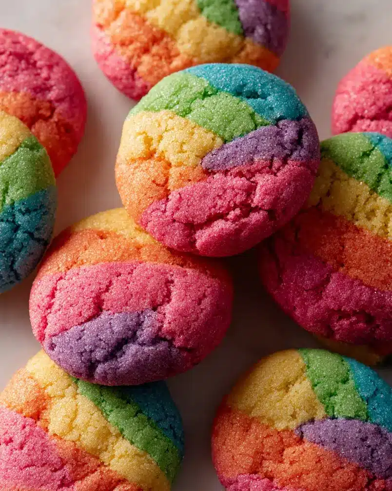 Technicolor Cookies 3 Colorful cookie dough balls on a baking sheet, ready to bake