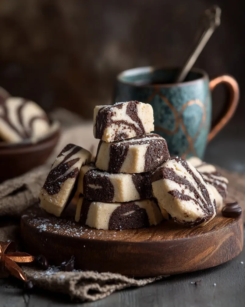 Spiced Chocolate Marble Shortbread 3 A baker's hands gently pressing dough into a circular shortbread mold, showcasing the marbling technique.