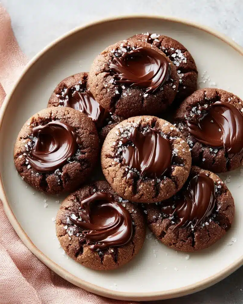 Double-Chocolate Thumbprint Cookies 2 Dough being pressed for double-chocolate thumbprint cookies