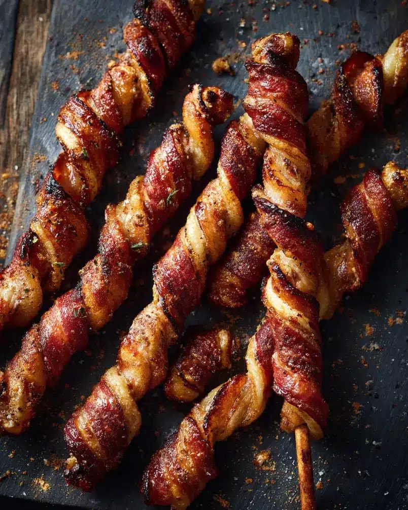 Cinnamon Roll Bacon Twists 3 Bacon strips being woven and twisted into cinnamon roll dough