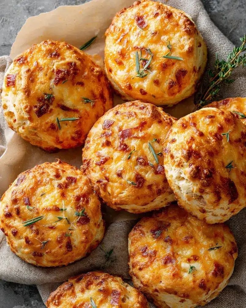 Easy Ham and Cheese Biscuits 3 Biscuits baking in an oven on a baking sheet, golden brown and slightly puffed.
