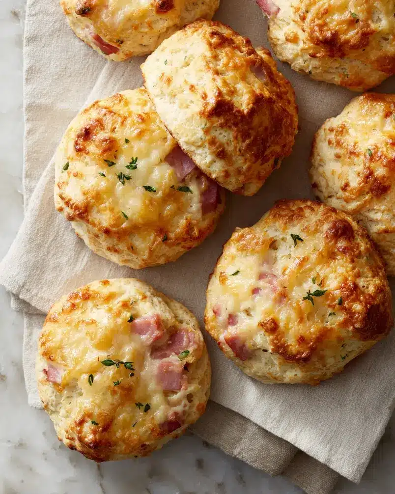 Easy Ham and Cheese Biscuits 2 Close-up of ingredients for easy ham and cheese biscuits arranged on a counter, including flour, butter, cheese, and diced ham.
