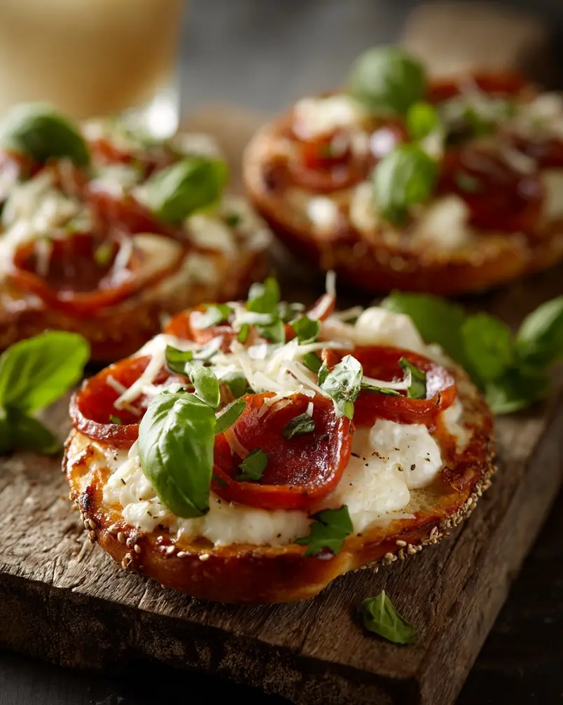 Easy Mini Bagel Pizzas 3 Mini bagel pizzas baking in an oven on a baking sheet.
