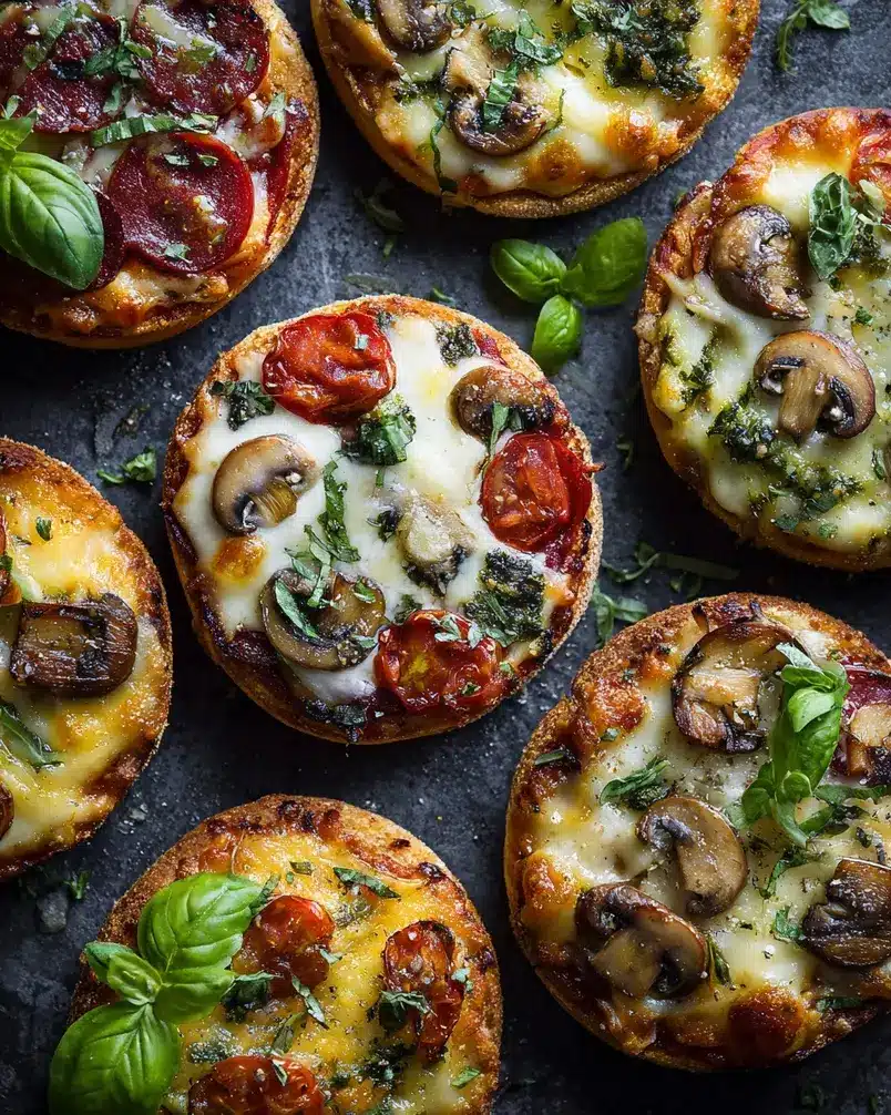 Easy Mini Bagel Pizzas 2 Mini bagel pizzas being assembled with sauce, cheese, and toppings on a wooden board.