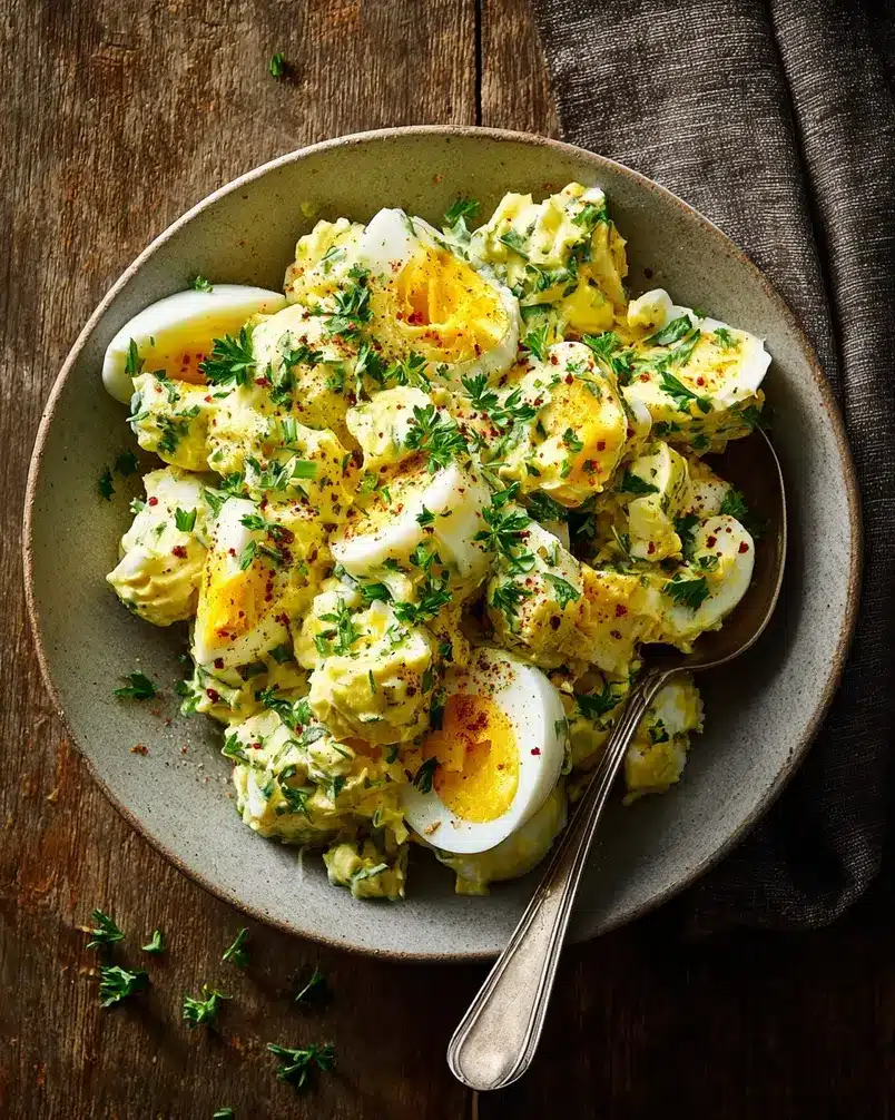 Simple Egg Salad 2 A vibrant bowl of simple egg salad with chopped chives, ready to be served.