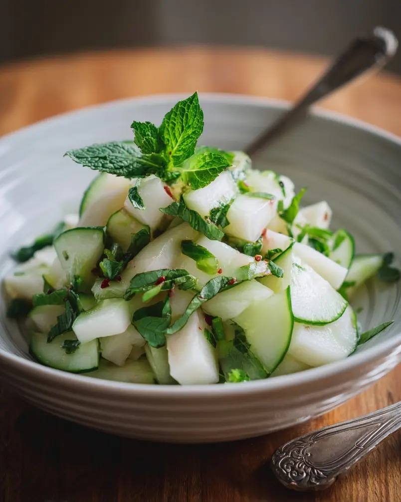 Summer Cucumber Jicama Salad 2 Chopped cucumber and jicama for salad preparation