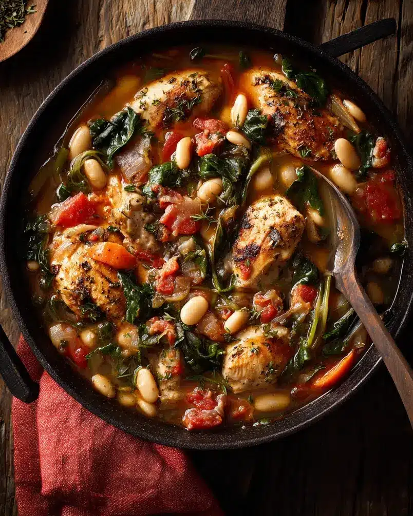 Skillet Chicken and White Bean Stew 3 Simmering Skillet Chicken and White Bean Stew in a cast iron skillet