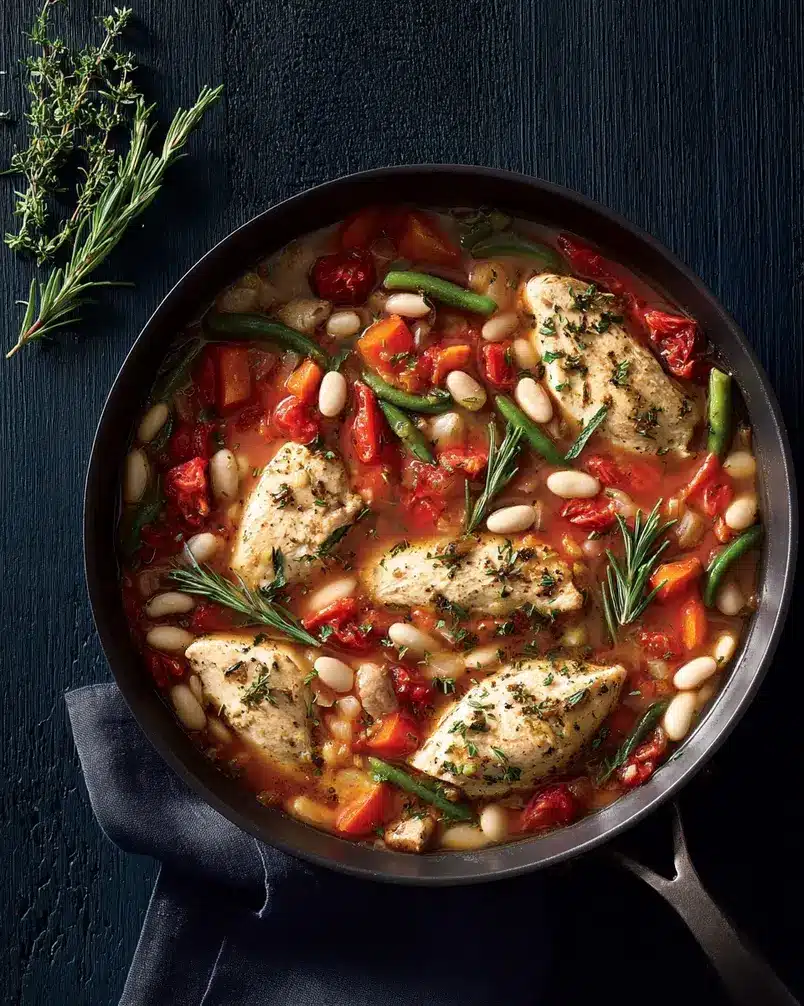 Skillet Chicken and White Bean Stew 2 Skillet Chicken and White Bean Stew ingredients being prepped in a skillet