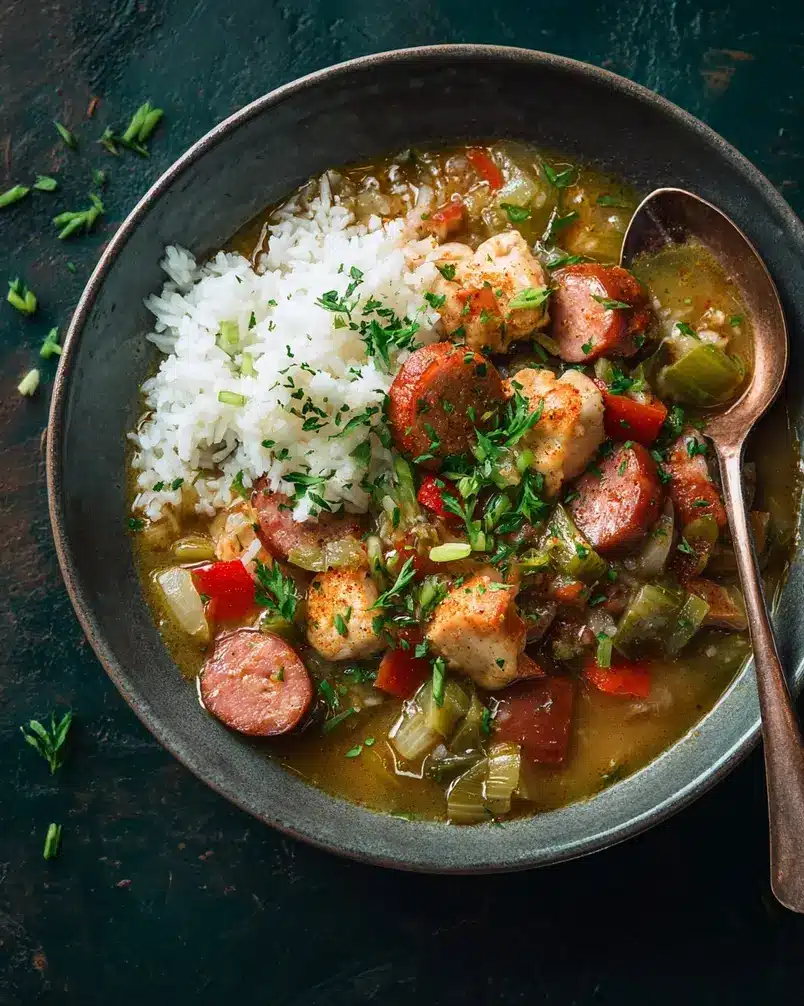Chicken and Andouille Gumbo 2 Mise en place for Chicken and Andouille Gumbo: chopped vegetables, chicken, and sausage.