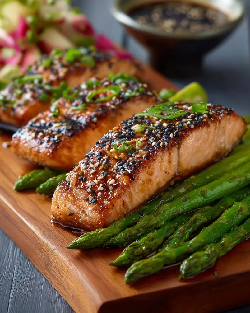 Sesame Grilled Salmon 3 Salmon fillets sizzling on a grill, coated with a sesame glaze