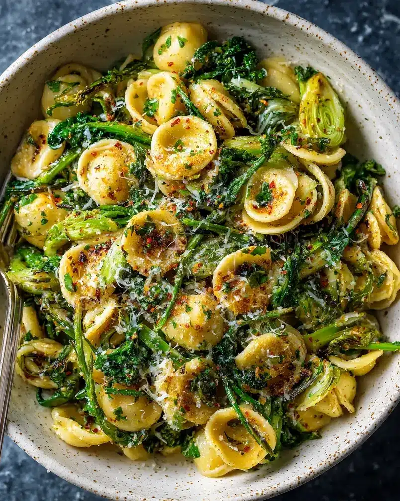One Pan Orecchiette Pasta 3 A panoramic view of a one-pan orecchiette pasta being cooked, showing all ingredients in the pan.
