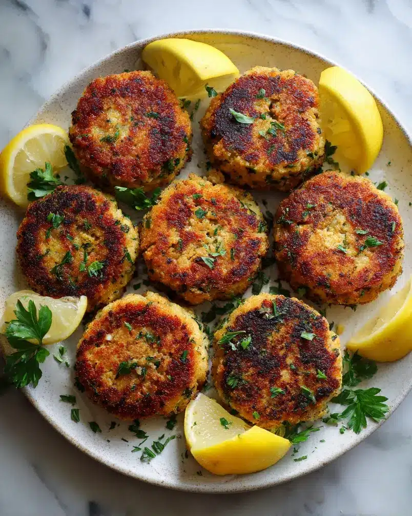 Grandma's Famous Salmon Cakes 3 Salmon cakes sizzling in a pan on the stovetop