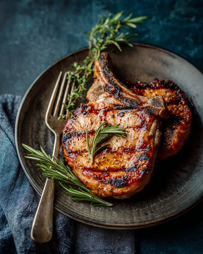 Modenese Pork Chops 3 Pork chops sizzling in a pan with sage and prosciutto.