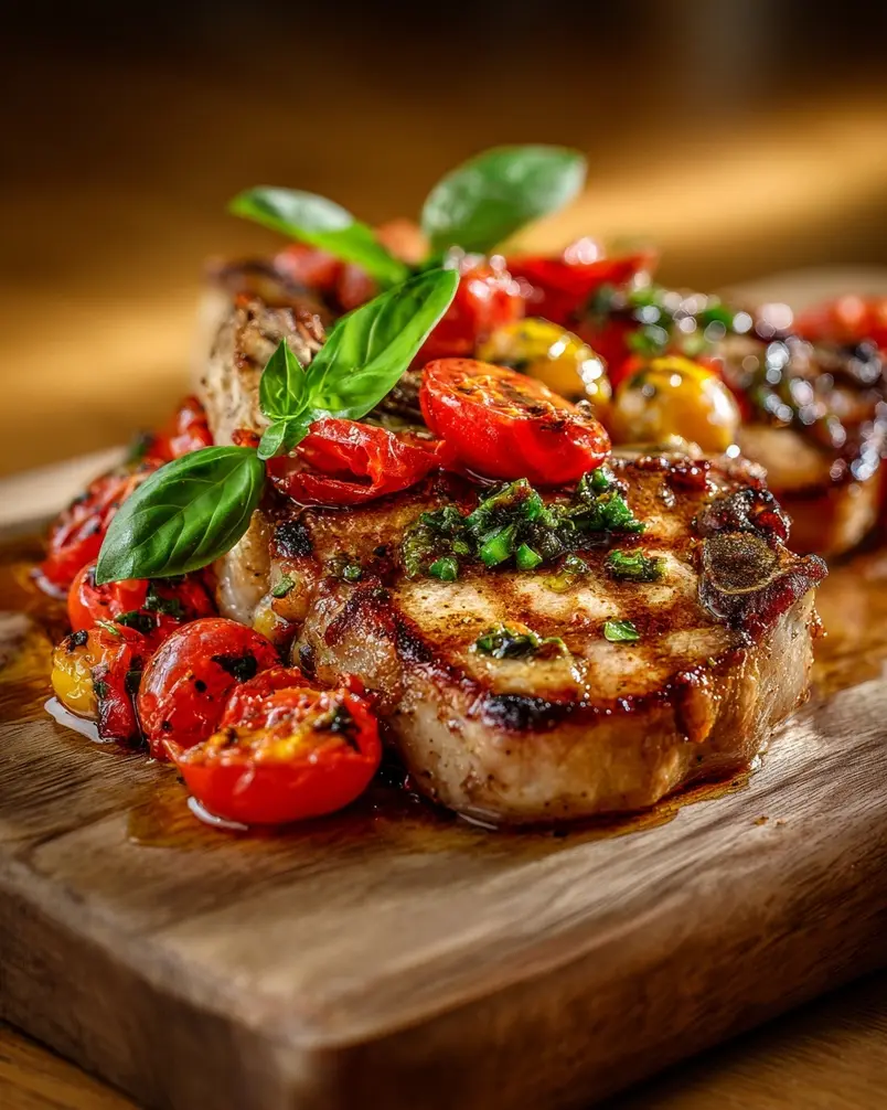 Modenese Pork Chops 2 Pork chops being prepared with various ingredients like herbs, spices, and vegetables.
