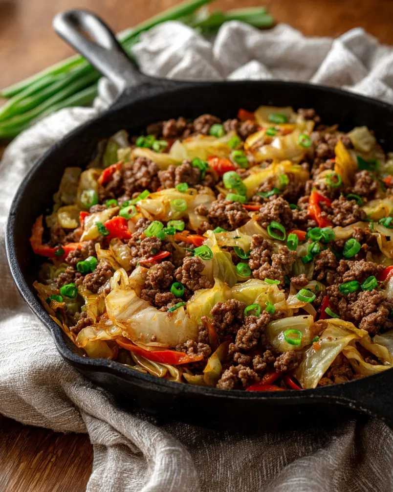 Ground Beef and Cabbage 2 Detailed shot of ground beef and cabbage ingredients laid out, showcasing fresh cabbage, minced garlic, onions, and ground beef.