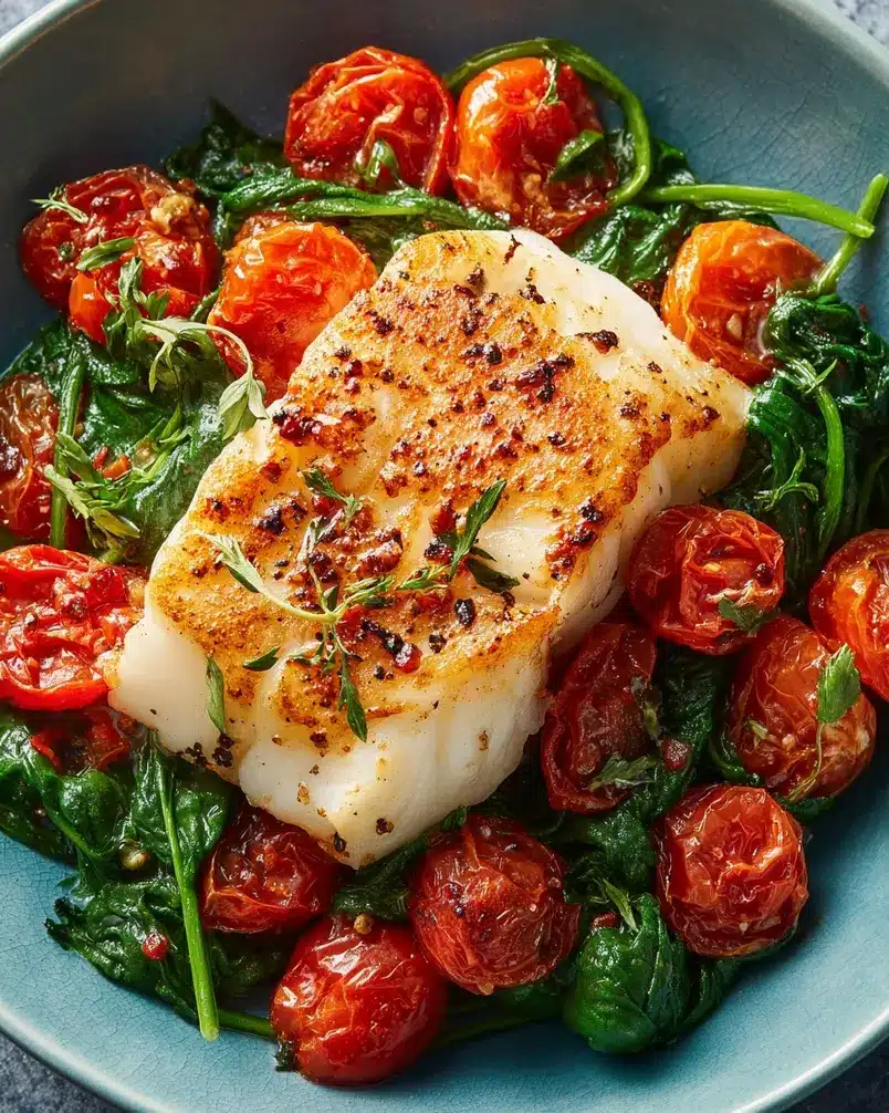 Grilled Cod with Spinach and Tomatoes 3 Cod fillets sizzling on a grill with spinach and tomatoes
