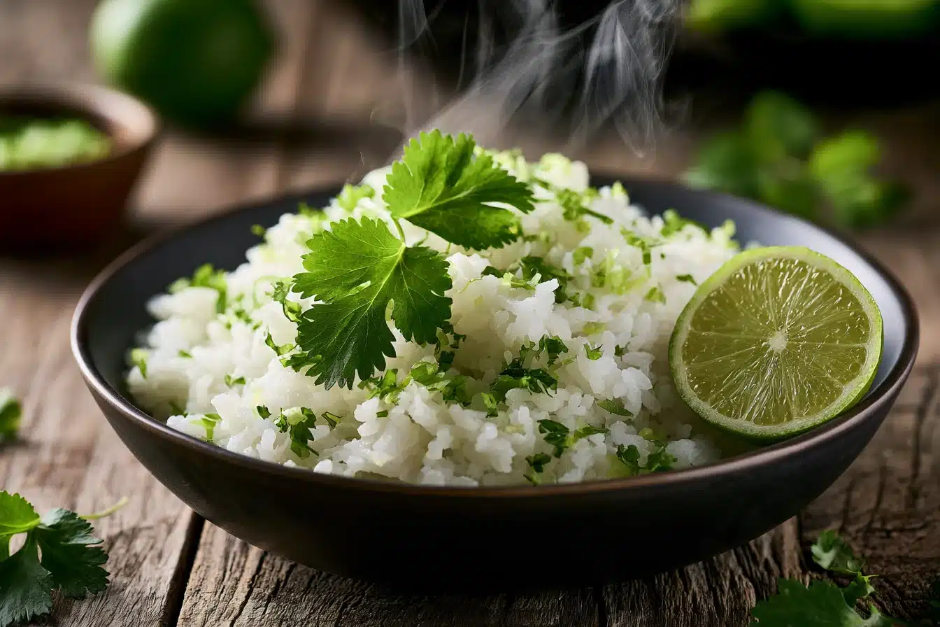 Cilantro Lime Rice Bowls 3 Mixing cilantro lime dressing in a bowl with fresh ingredients