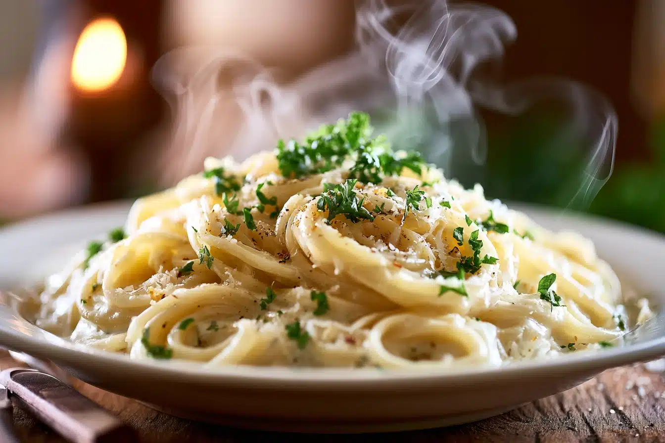 Creamy Garlic Parmesan Pasta 2 Creamy Garlic Parmesan Pasta in a white bowl garnished with parsley