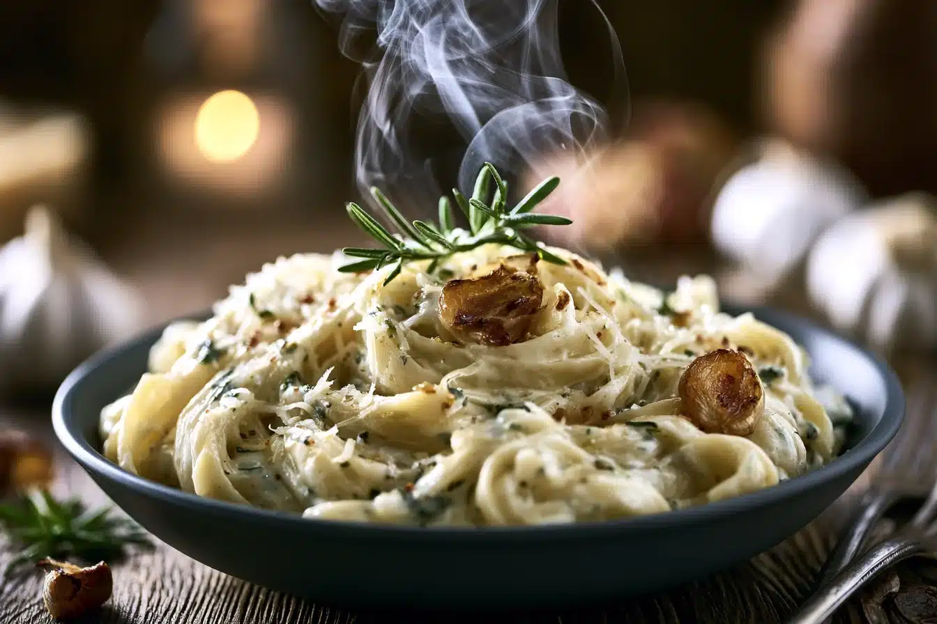 Creamy Garlic Parmesan Pasta 3 Garlic sautéing in butter in a skillet