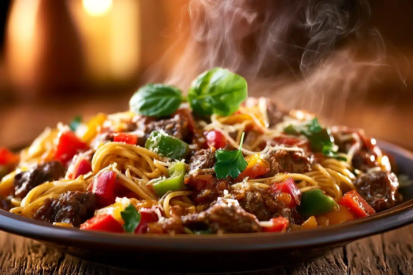 Hearty Beef Spaghetti with Bell Peppers and Cheese 2 Hearty Beef Spaghetti with Bell Peppers and Cheese