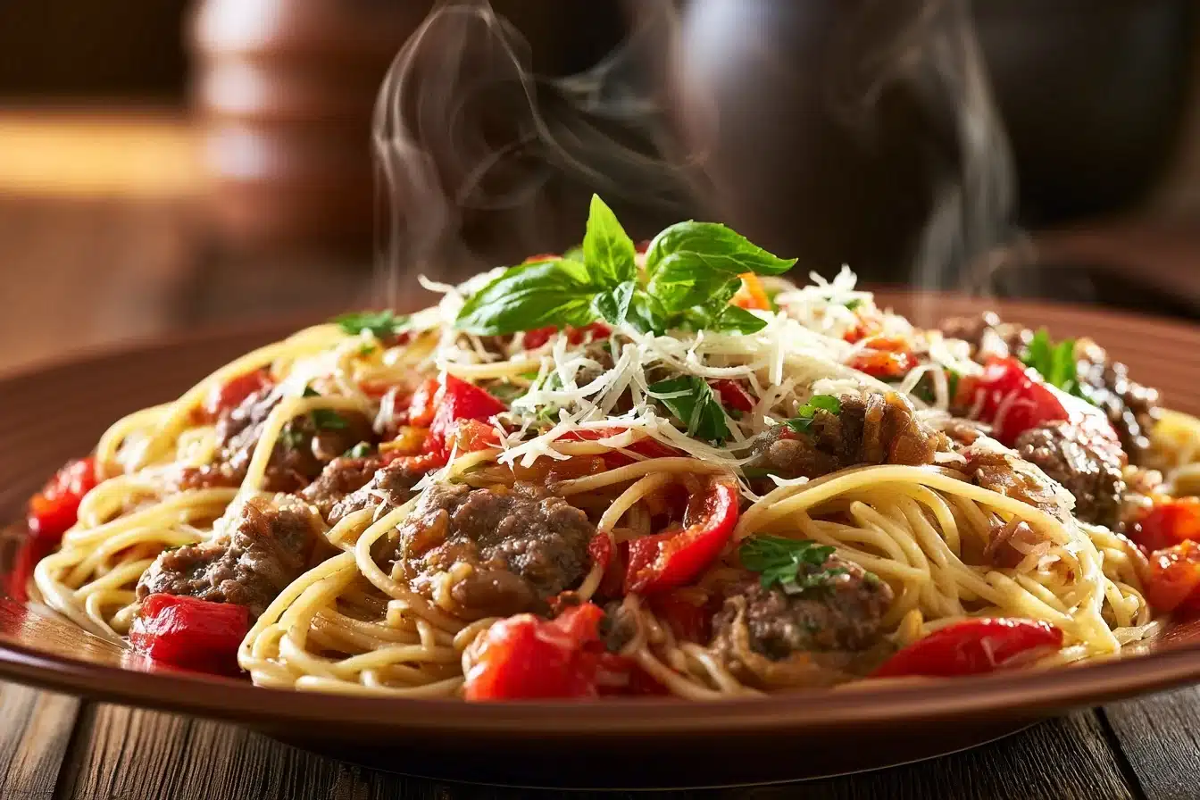 Hearty Beef Spaghetti with Bell Peppers and Cheese 3 Hearty Beef Spaghetti with Bell Peppers and Cheese
