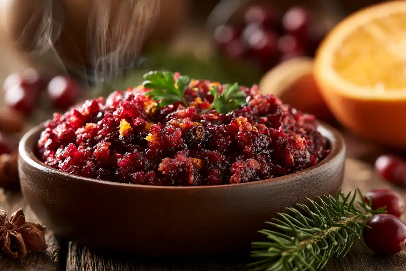 Cranberry Orange Relish 2 Fresh Cranberry Orange Relish in a white bowl with orange slices garnish