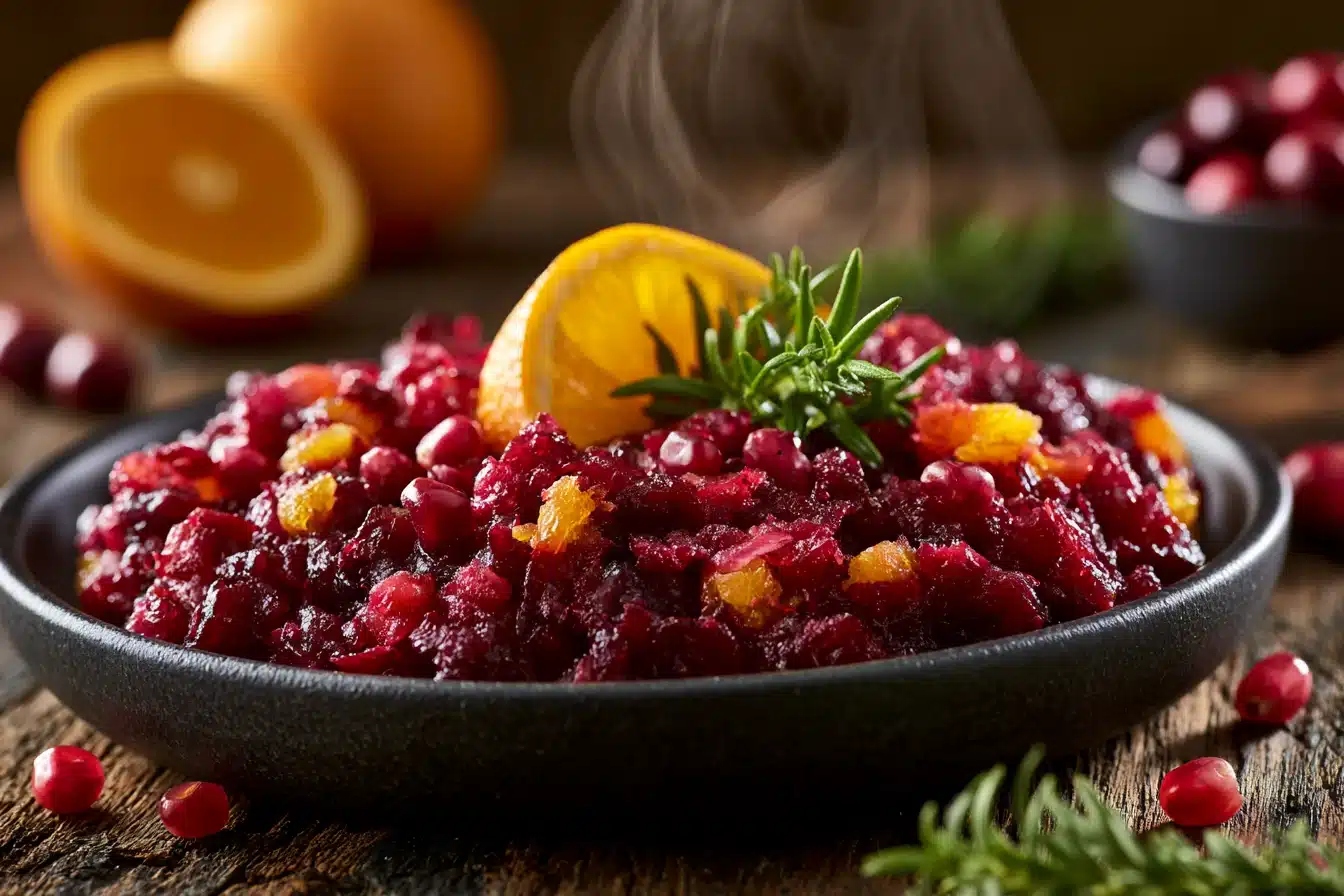 Cranberry Orange Relish 3 Close-up of food processor making Cranberry Orange Relish with visible cranberry pieces