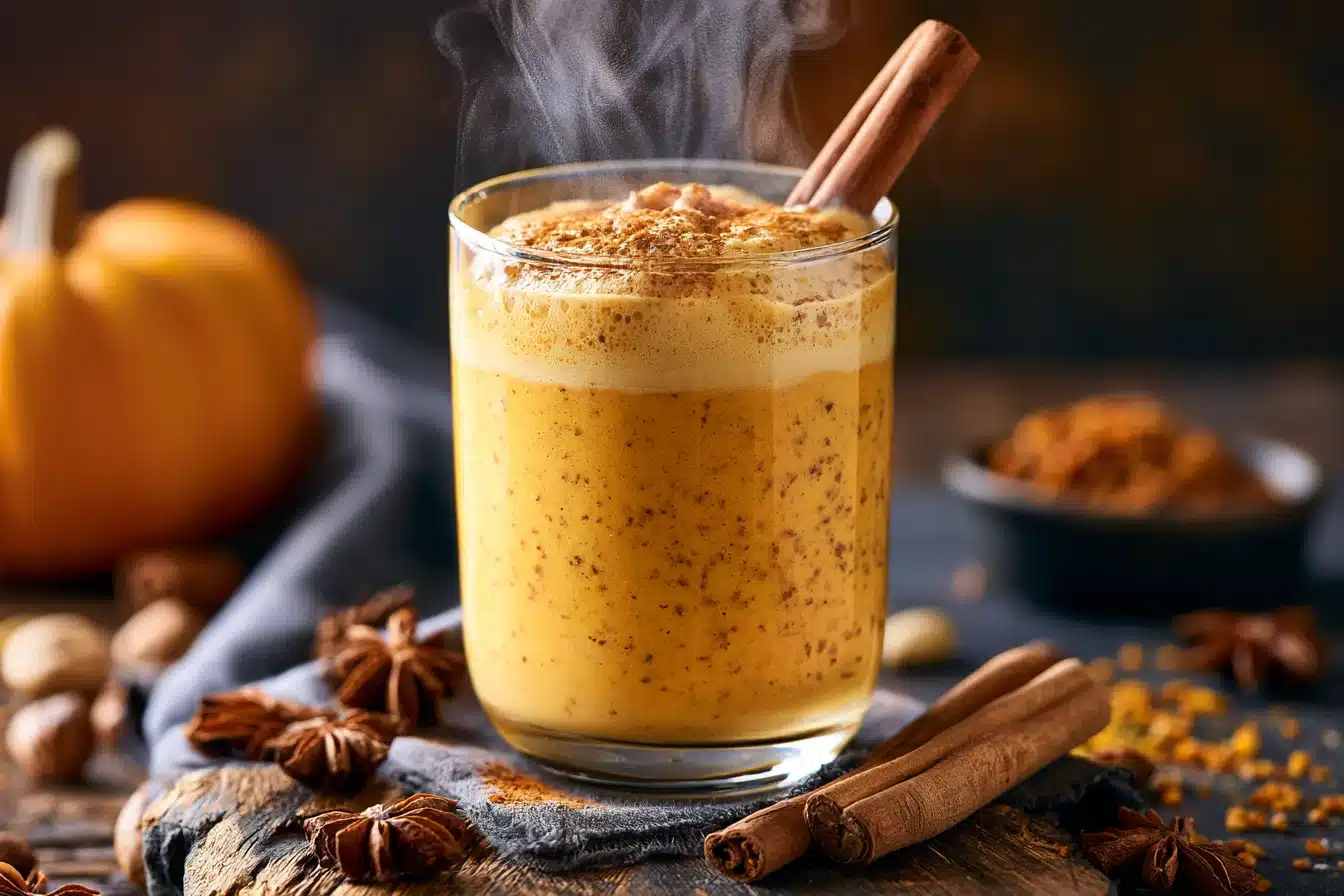 Pumpkin Spice Latte Smoothie 2 Pumpkin Spice Latte Smoothie in a glass with cinnamon garnish