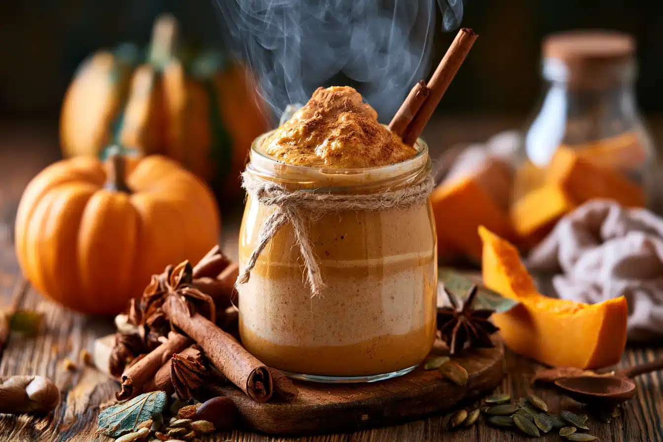Pumpkin Spice Latte Smoothie 3 Layered Pumpkin Spice Latte Smoothie ingredients in blender