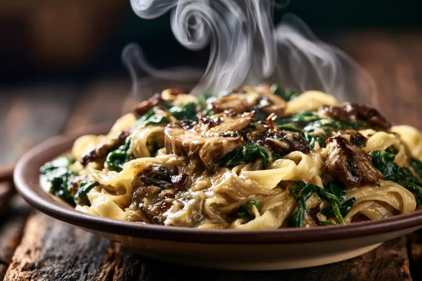 Savory Mushroom and Spinach Pasta 2 Savory Mushroom and Spinach Pasta in a white bowl with fresh herbs
