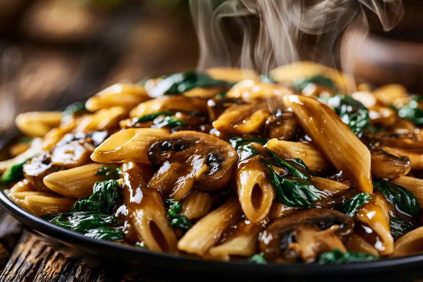 Savory Mushroom and Spinach Pasta 3 Sautéed mushrooms and garlic in a skillet for Savory Mushroom and Spinach Pasta